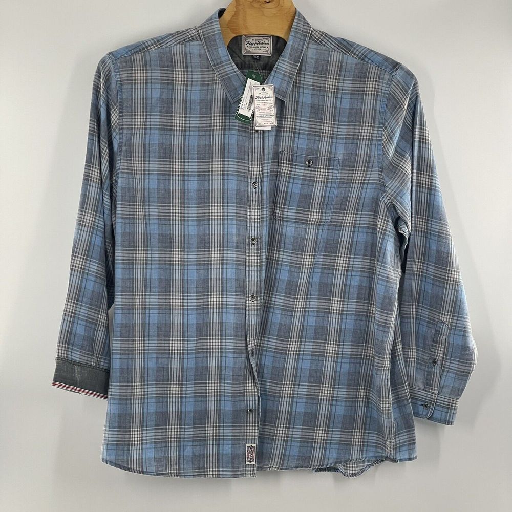 Flag & Anthem Shirt Vintage Washed Blue‎ Gray Plaid Flannel Long Sleeve 3XL NWT